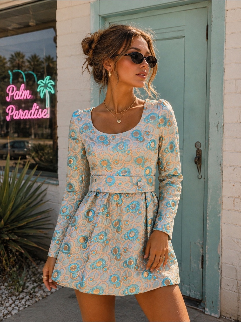 Long-Sleeve Scoop Neck Jacquard Mini Dress in Blue & Gold